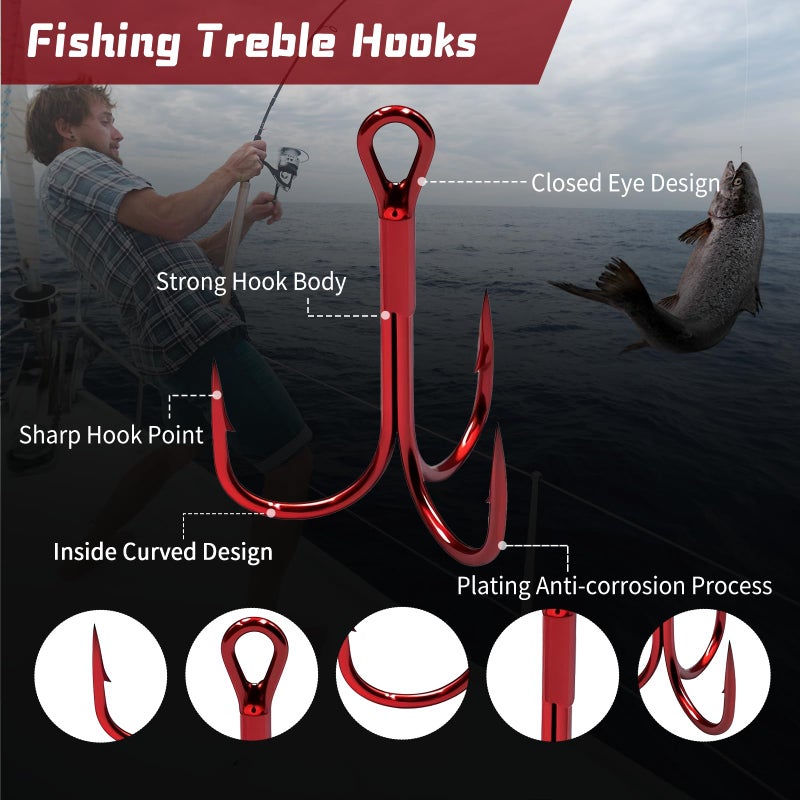 FishTrip Fishing Treble Hooks Red 25pcs/Pack,Triple Hooks High Carbon Steel Brabed Sharp,Replacement Fishing Hooks on Hard Lures for Freshwater Saltwater Size 3/0 - Image 2